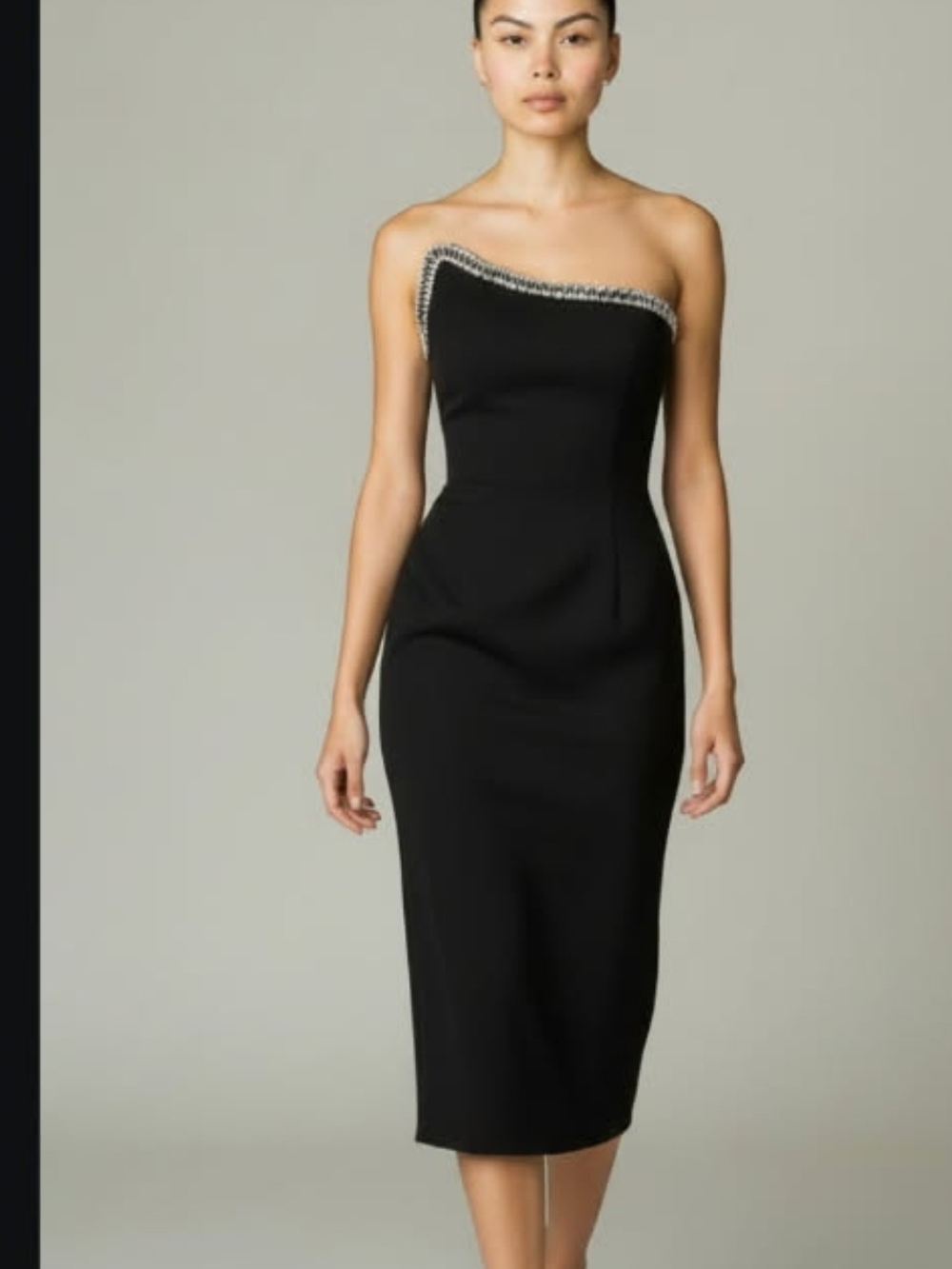Strapless Black Midi Dress with Beaded Trim| Med